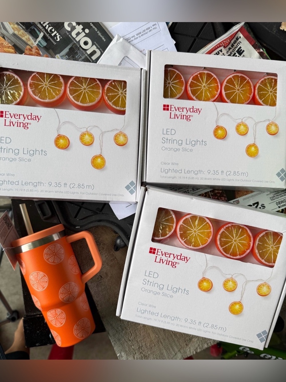 3 boxes of Orange Slice LED String Lights  and MATCHING TUMBLER THERMO MUG